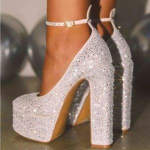 Silver Ankle Strap Closed Toe Statement Platform Block Heel | Size 9